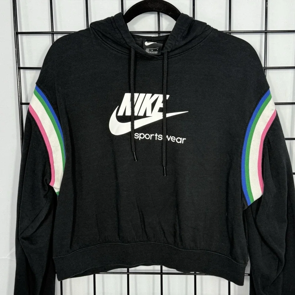 NIKE Heritage Cropped Hoodie Womens Medium M Black Pullover Rainbow‎ Athleisure